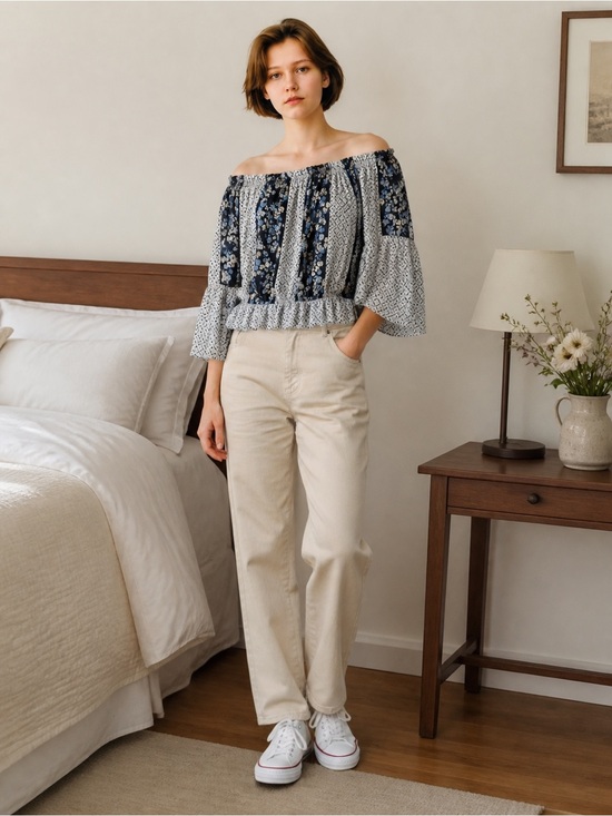 Cato Tops - Cato Off-Shoulder Navy and White Floral Blouse